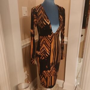Deep V Long Sleeve Black and Amber Patterned Dress